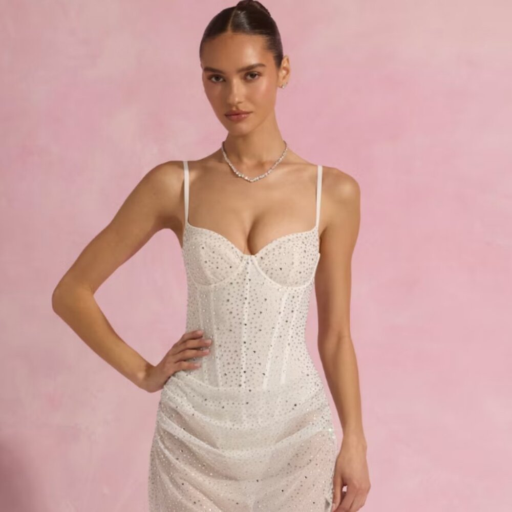 NWT Oh Polly Connie Dress White Size 2 Embellished Sequin Corset Mini Dress